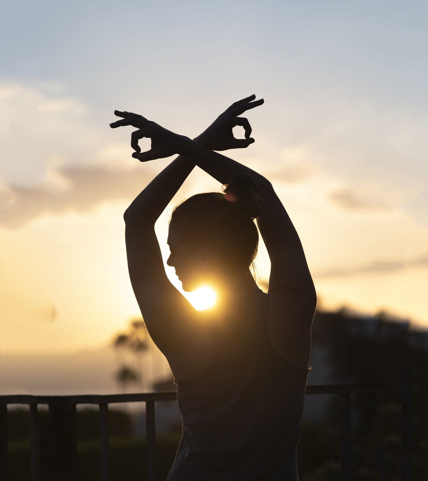 Silhouette et mudra au soleil couchant